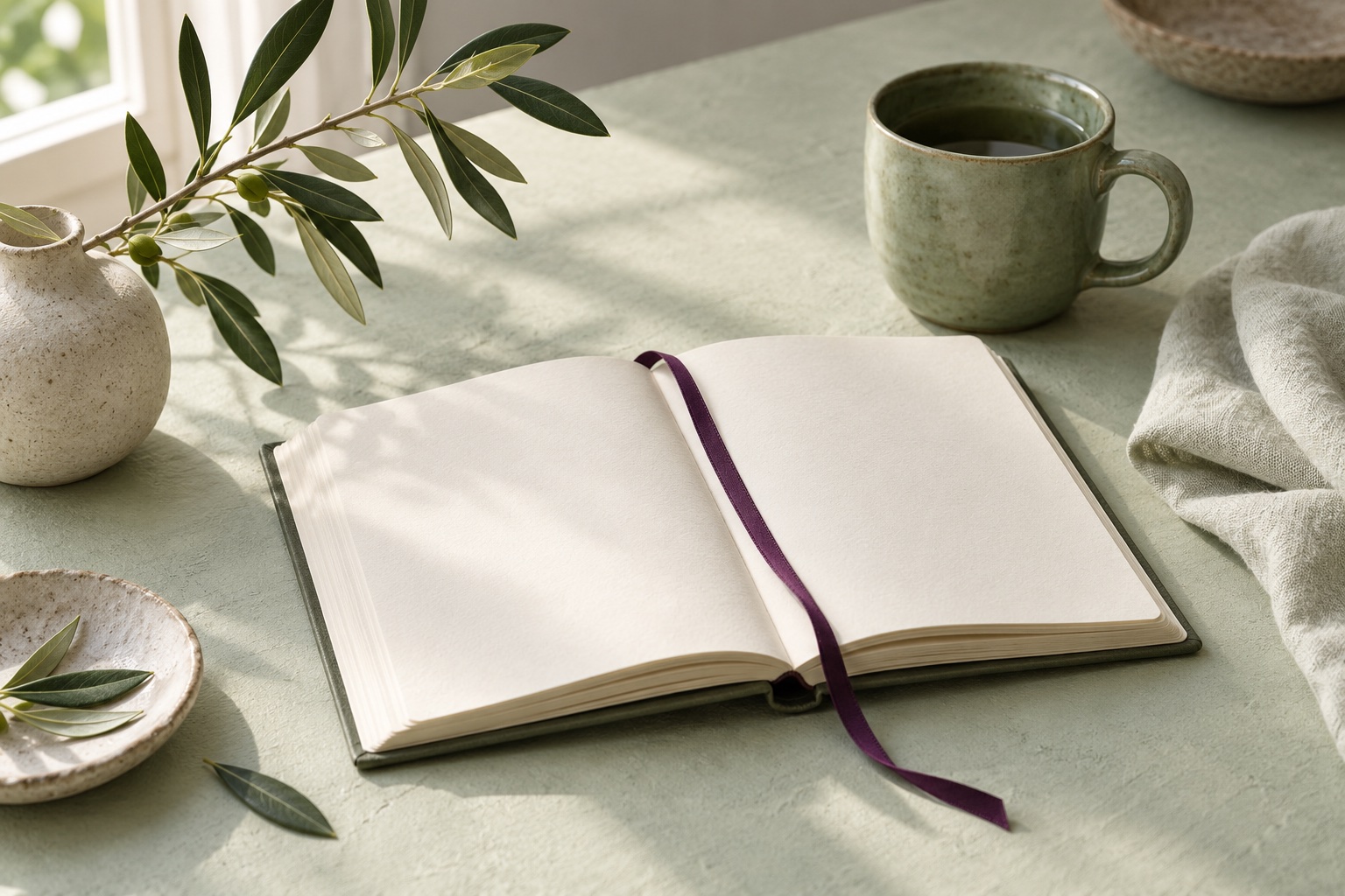 An open notebook with a sage cup, an olive branch and an aubergine ribbon